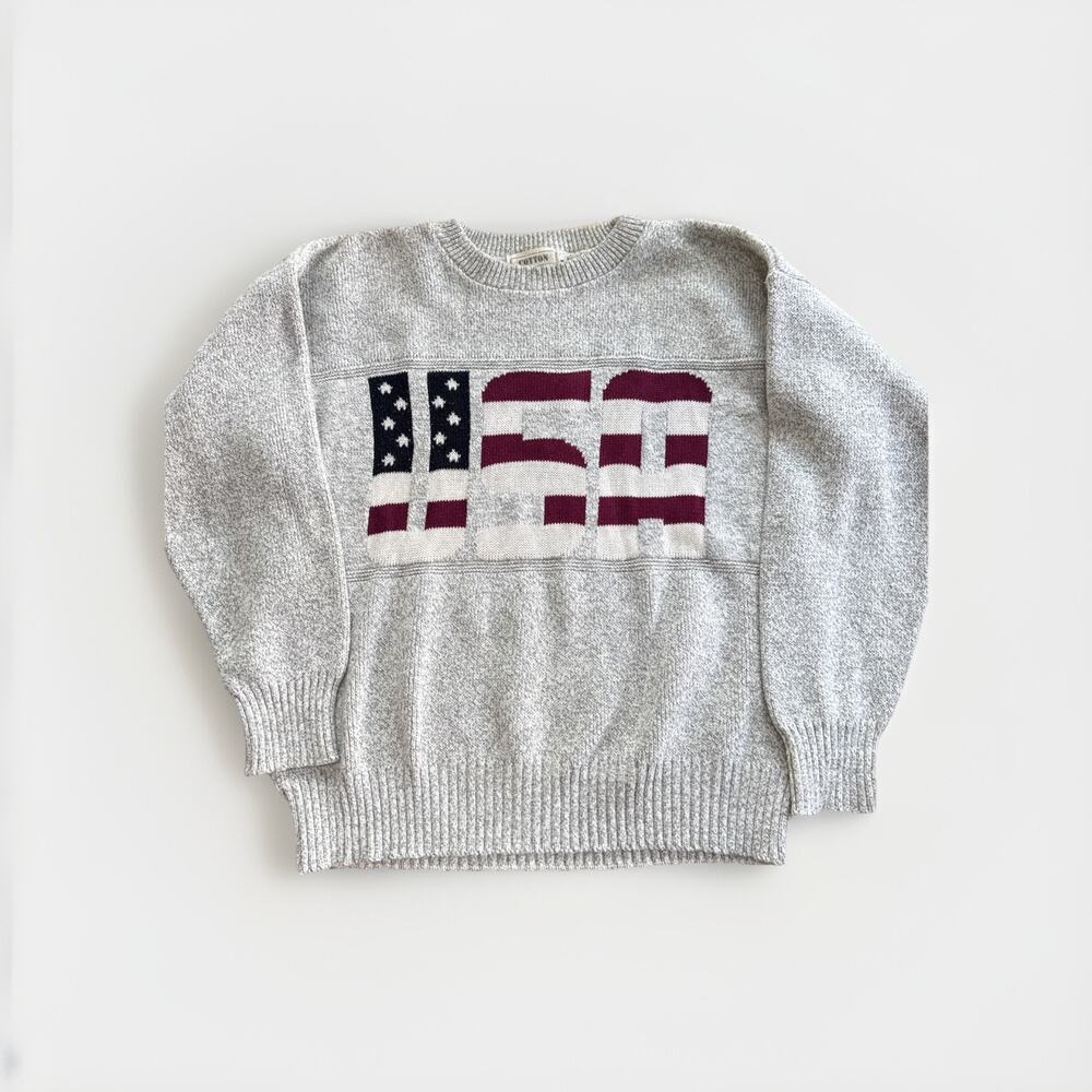 Vintage Cotton Club M Sweater Mens Gray USA American‎ Flag Crewneck